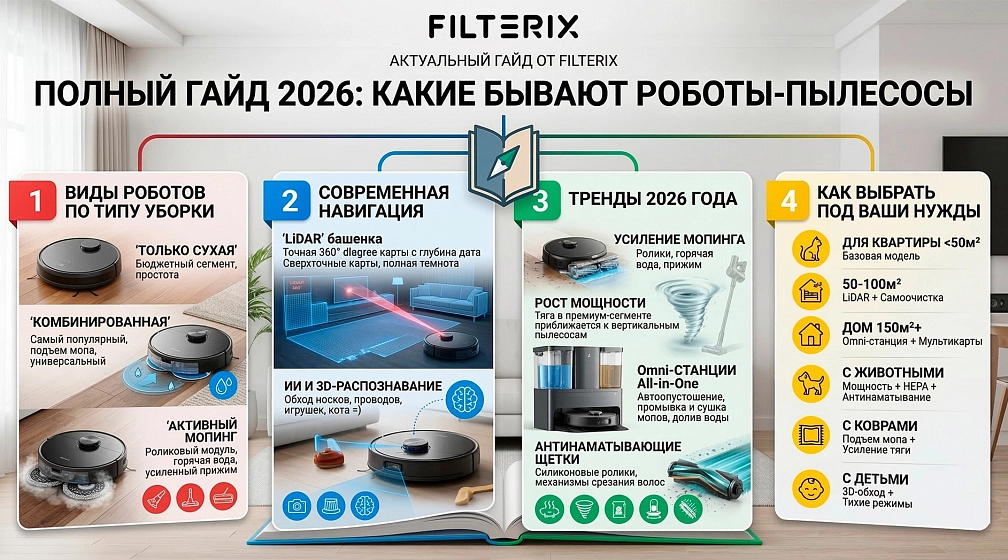 Какие бывают роботы-пылесосы – полный гайд 2026 Какие бывают роботы-пылесосы – полный гайд 2026